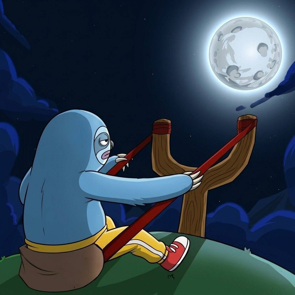 ZLOFY pulling back a giant slingshot aimed at the moon